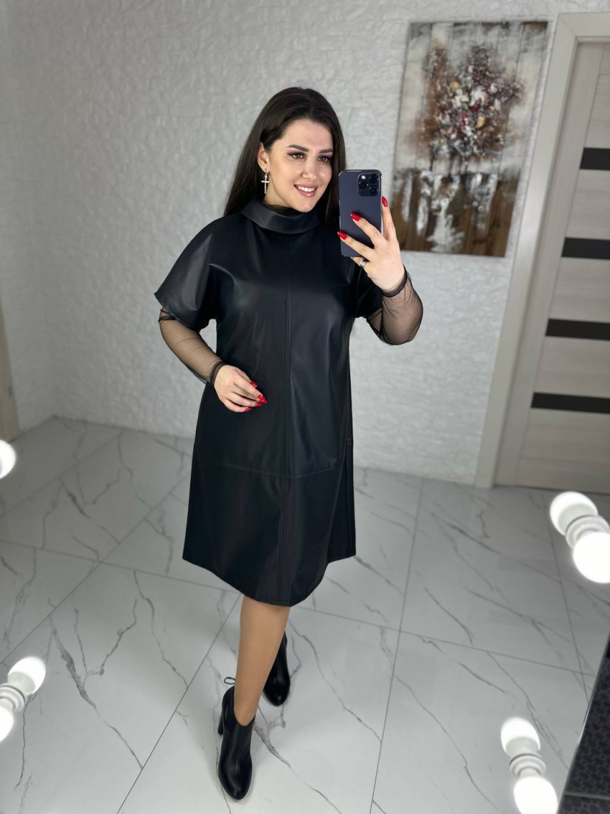 Жіноча сукня із еко шкіри колір чорний р.58/60 450529