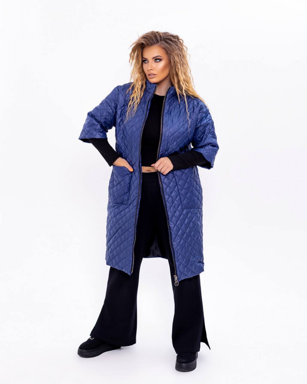 Жіноча куртка-пальто з плащової тканини синього кольору р.56 377517