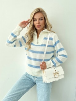 Жіночий светр вовняний в смужку з блискавкою молочний з блакитним р.42/46 396783