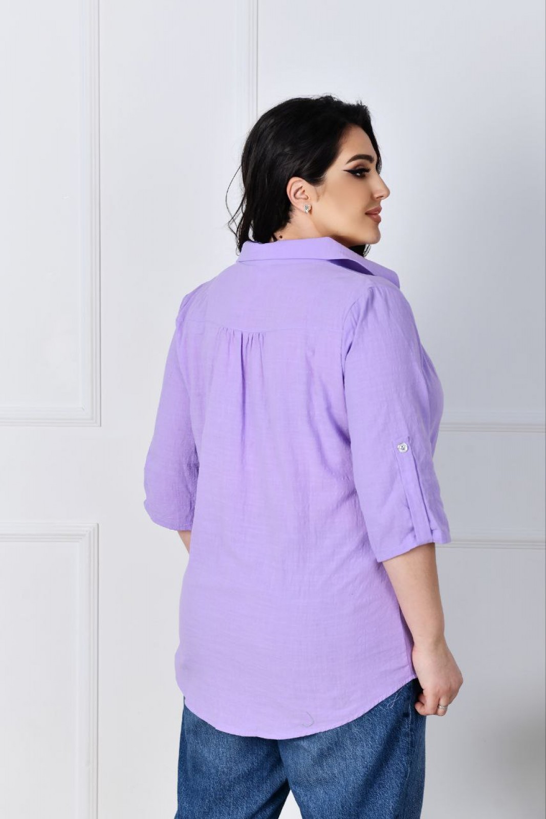 Жіноча льняна сорочка фіолетового кольору р.52 420861