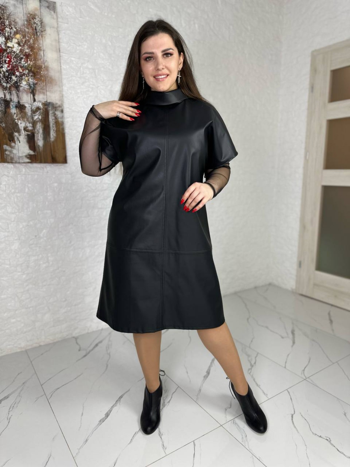Жіноча сукня із еко шкіри колір чорний р.58/60 450529