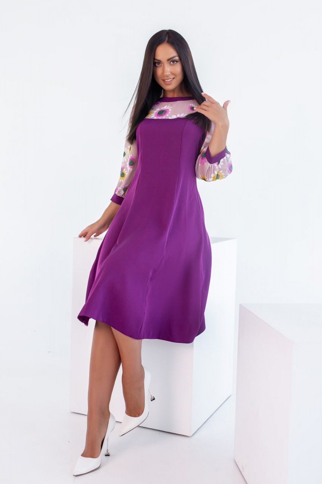 Жіноча сукня зі вставками із принтованого шифону фіолетова р.44/46 381712