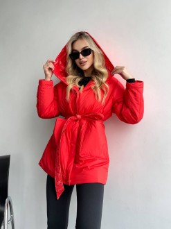 Жіноча тепла куртка під пояс колір червоний р.50/52 450283