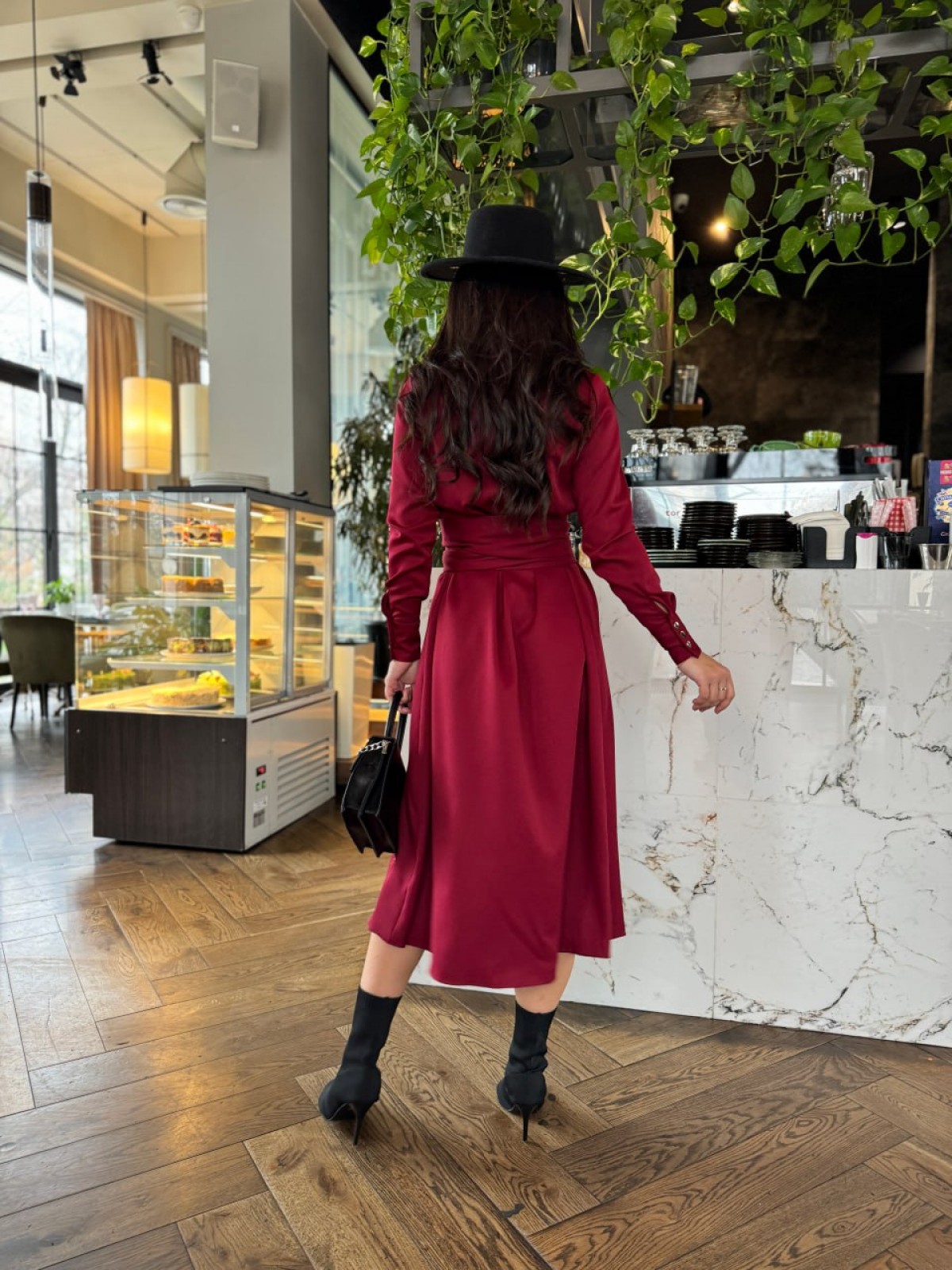 Жіноча сукня з поясом колір бордо р.46/48 454670