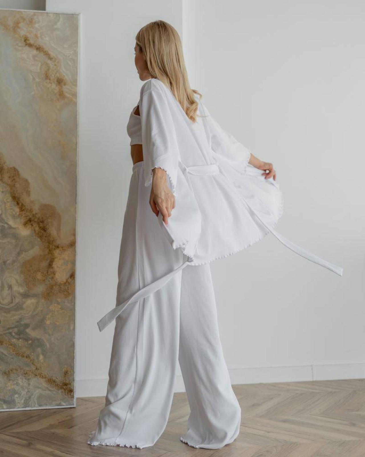 Жіночі піжамні штани в рубчик колір білий р.S 443776