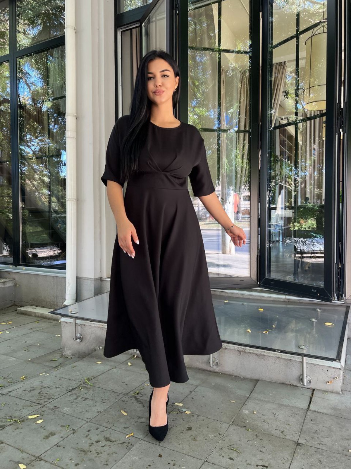 Жіноча сукня міді з креп-костюмки колір чорний р.54 444717
