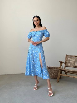 Жіноча літня сукня міді колір блакитний принт квітка р.44 438592
