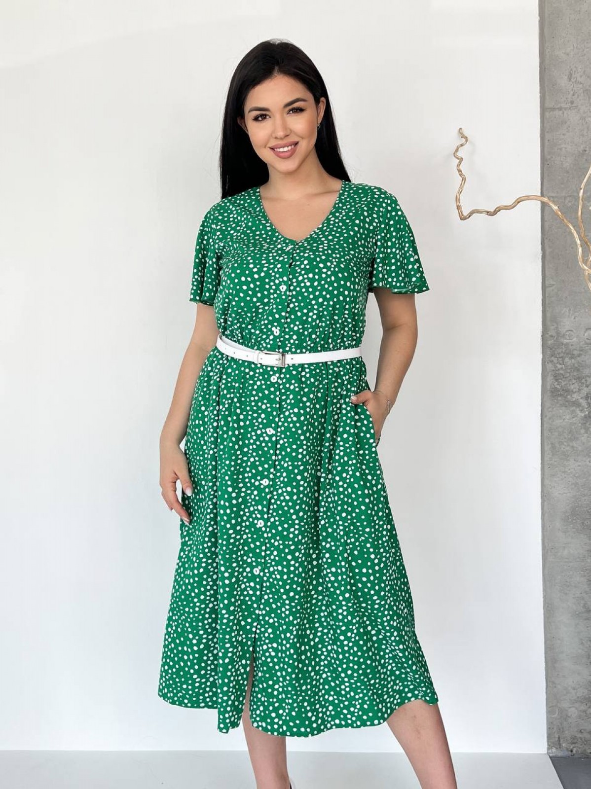 Жіноча сукня з поясом колір зелений р.58/60 434416