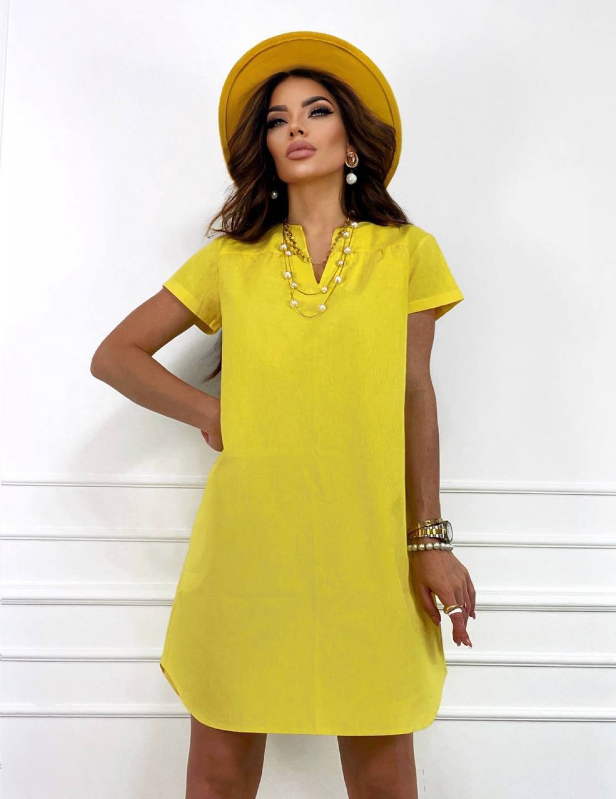 Жіноча лляна сукня вільного крою жовтого кольору р.54/56 431751