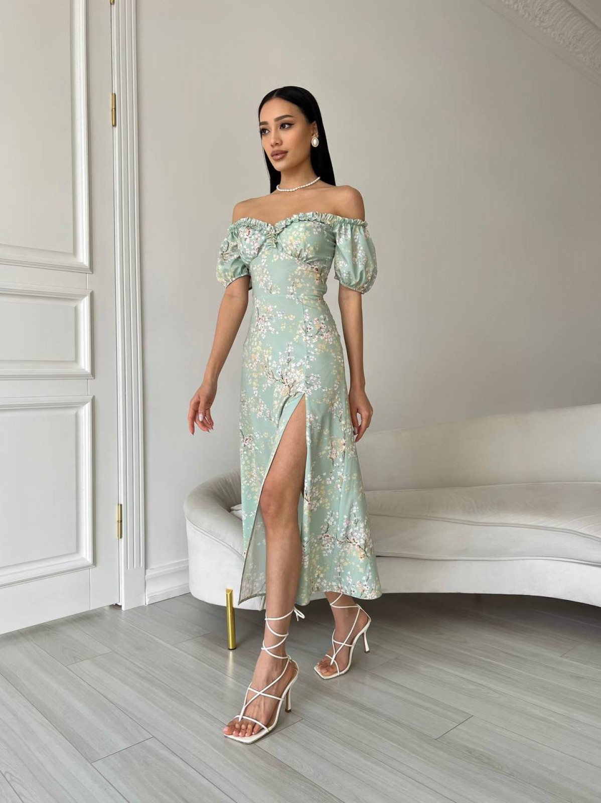 Жіноча літня сукня міді колір оливковий р.46 437215
