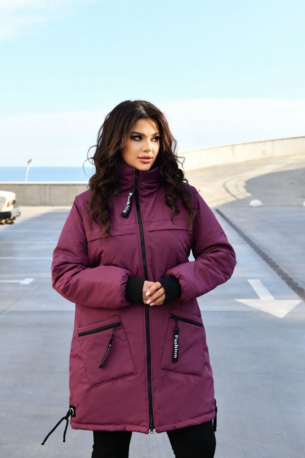 Жіноча куртка-пальто із плащової тканини колір марсал р.56/58 445956