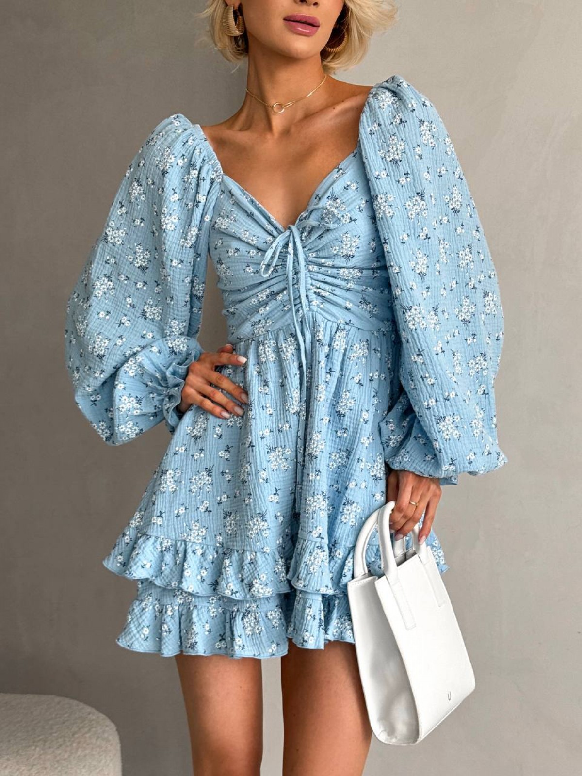 Жіноча сукня міні з мусліну колір блакитний р.46/48 459742