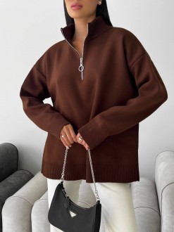 Жіночий светр із блискавкою із жаккардової в'язки колір коричневий р.42/46 441551