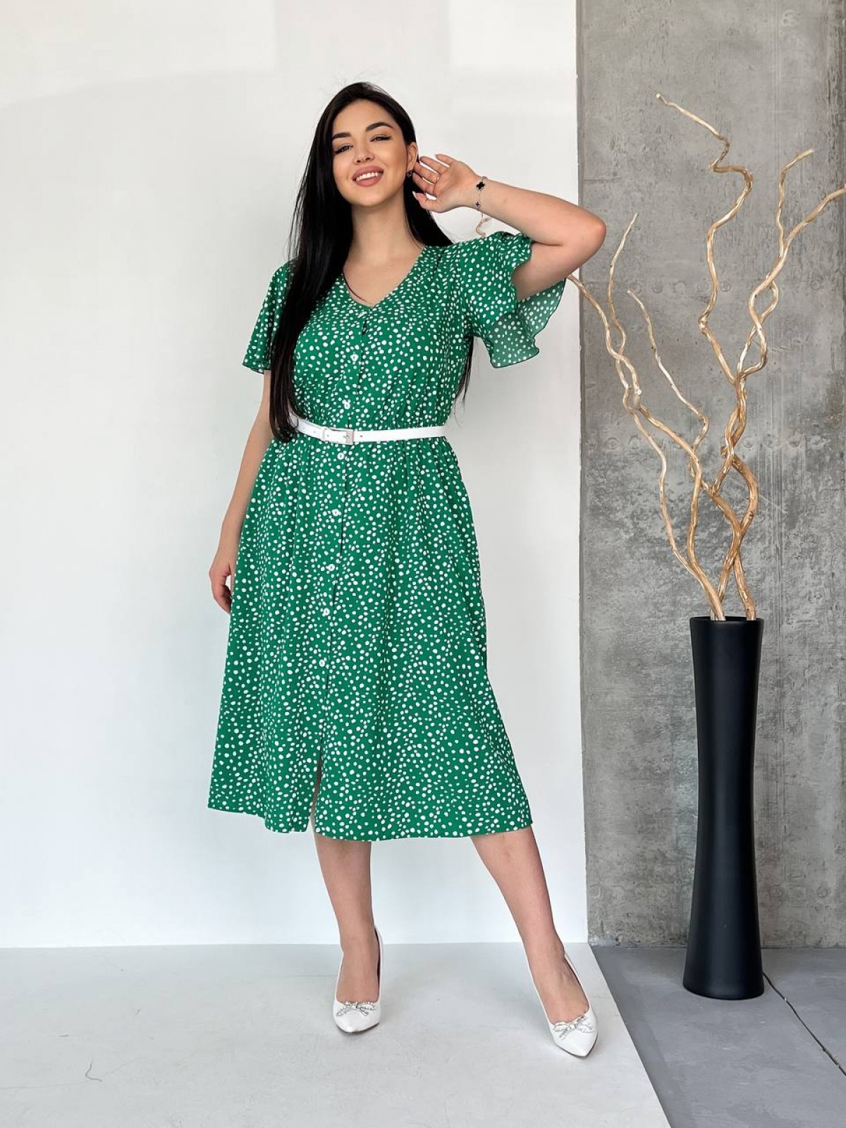 Жіноча сукня з поясом колір зелений р.50/52 434401