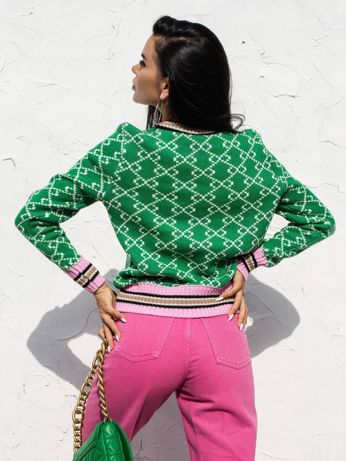 Жіночий светр із бавовни зеленого кольору з візерунком 396897