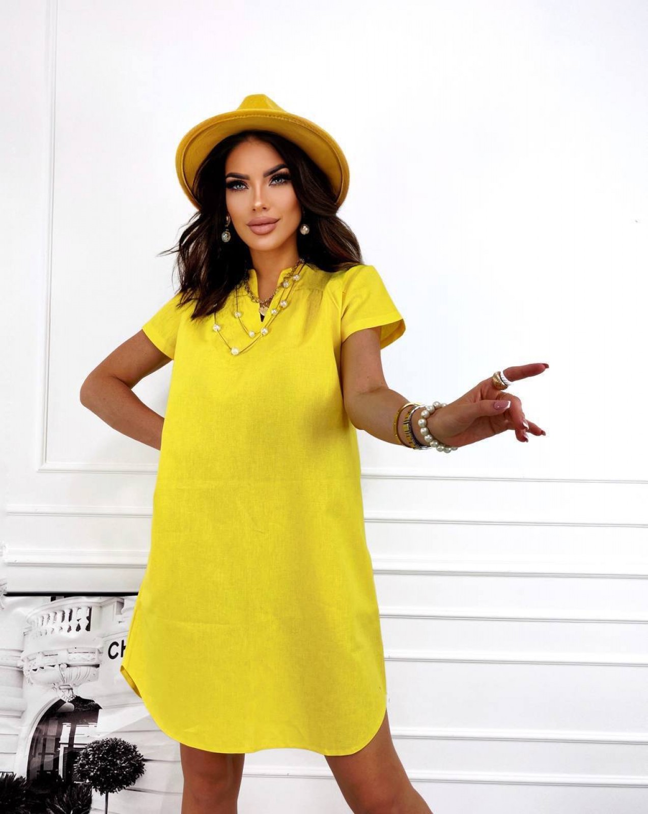 Жіноча лляна сукня вільного крою жовтого кольору р.54/56 431751