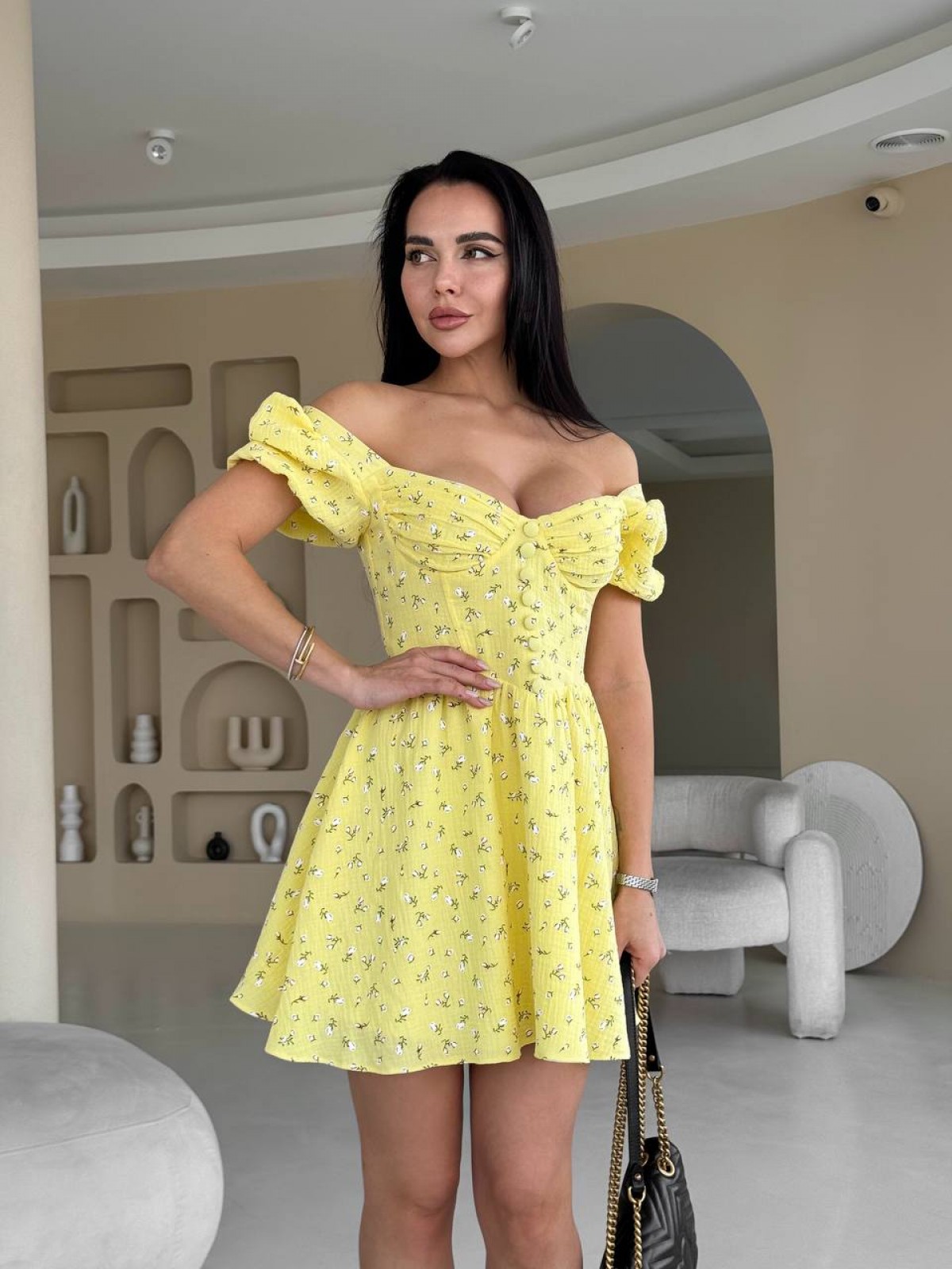 Жіноча сукня міні з мусліну колір жовтий р.44 459511